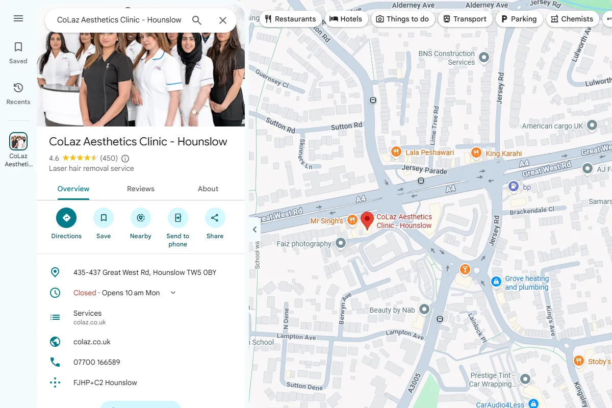 The CoLaz Aesthetics Clinic Hounslow listing on Google Maps: 4.6 stars from 450 reviews